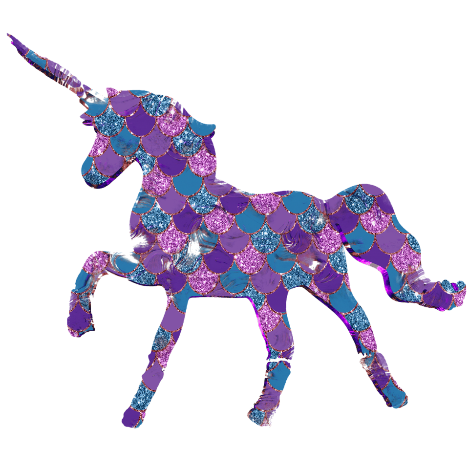 a purple unicorn with blue and pink glitters on it