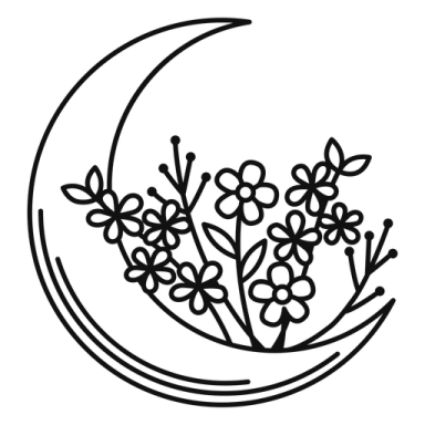 a black and white drawing of flowers on a crescent