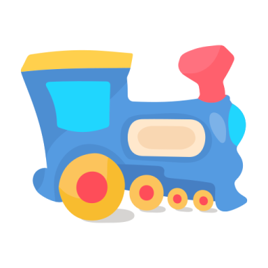 a blue toy train with red wheels