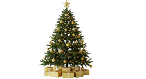 a small christmas tree with gold ornaments and presents