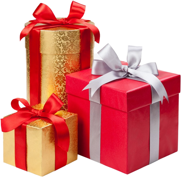 three red and gold gift boxes with bows