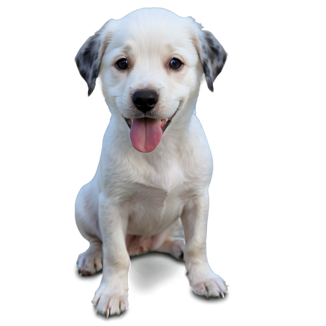 a white and black dog with its tongue out