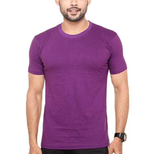 a man wearing a purple t - shirt