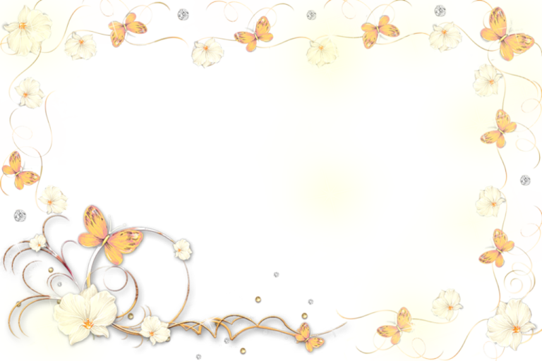 a white background with flowers and butterflies