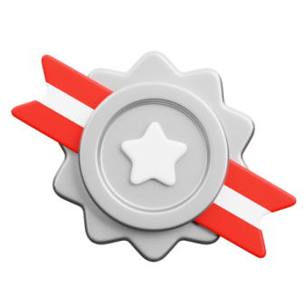 a red and white badge with a star on it