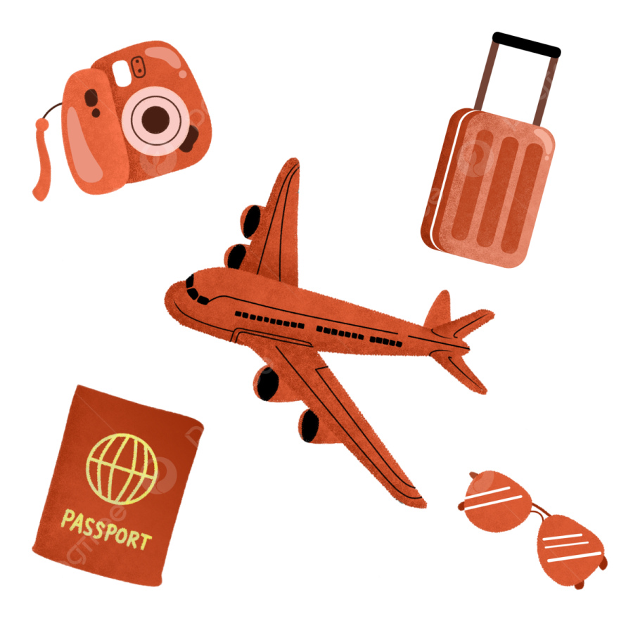 an illustration of a plane, luggage and a passport