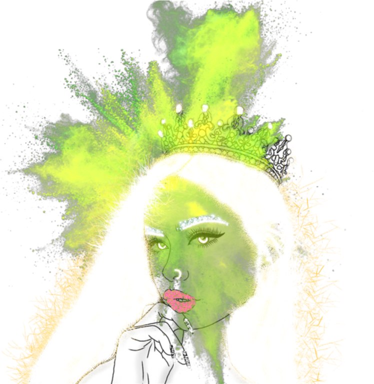 a drawing of a woman with green hair