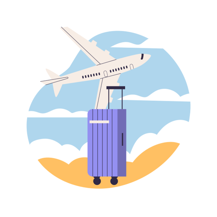a blue suitcase with an airplane in the background