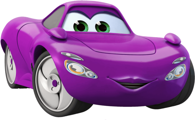 a purple car with green eyes