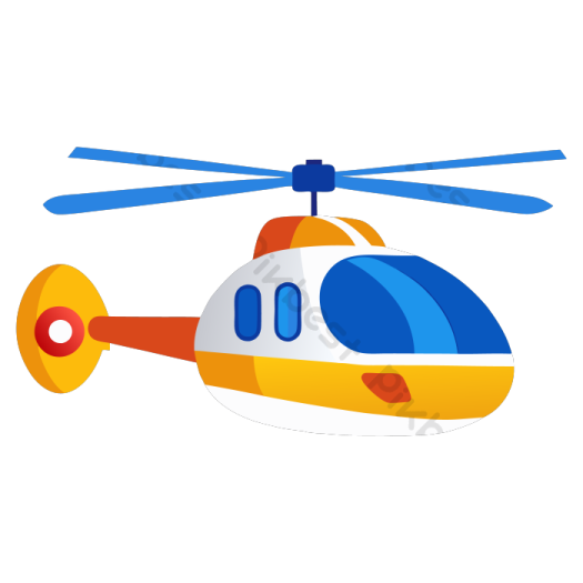 a yellow helicopter with blue and orange wings