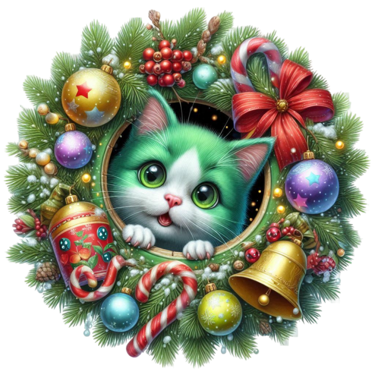 a cat in a wreath with christmas decorations