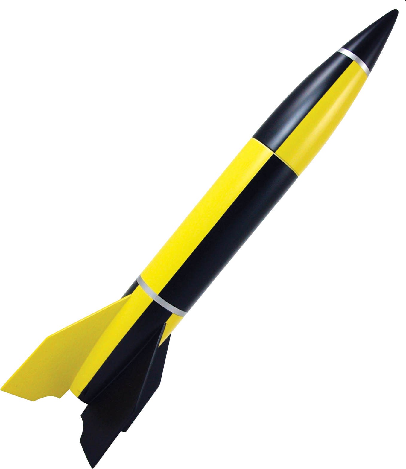 a yellow and black rocket on a white background