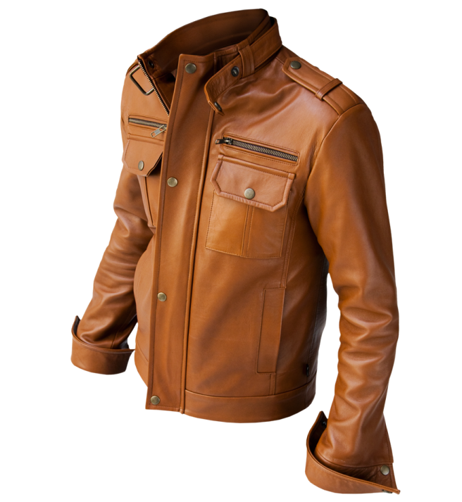 a brown leather jacket on a white background