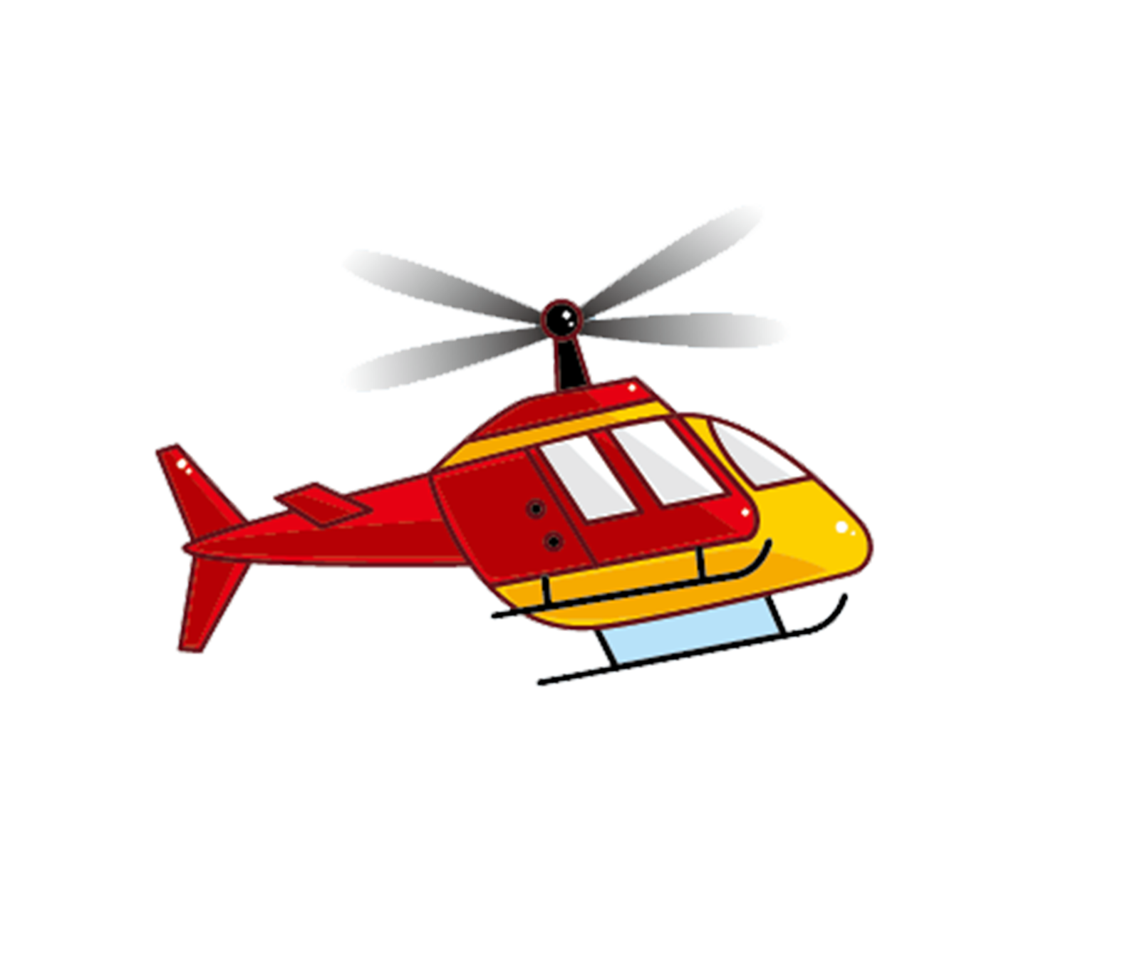 a red and yellow helicopter flying in the sky