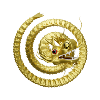 a golden dragon with red eyes