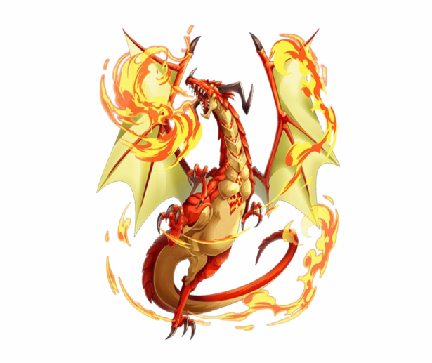 a red and yellow dragon with flames around it