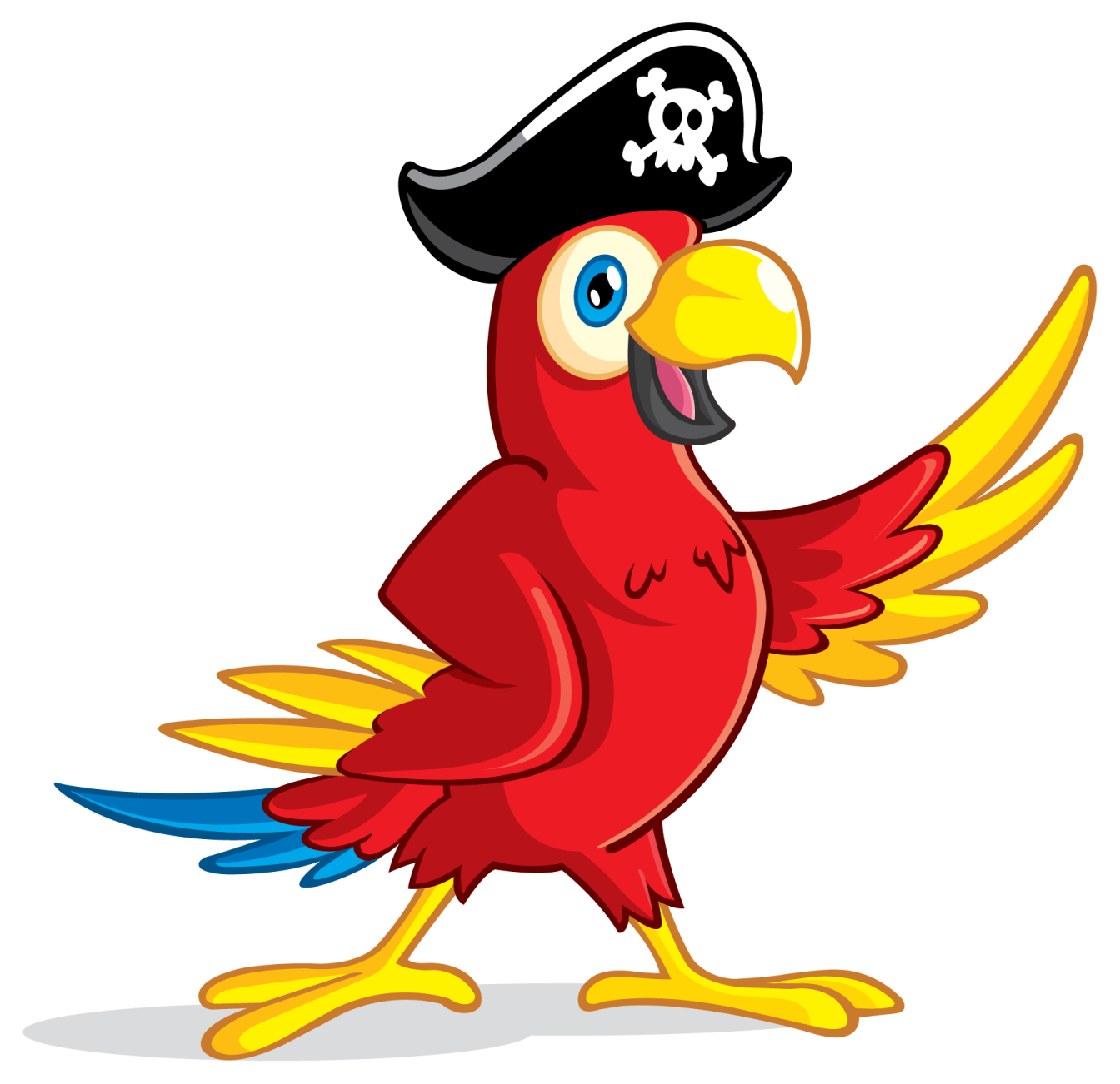 a red parrot with a pirate hat on its head