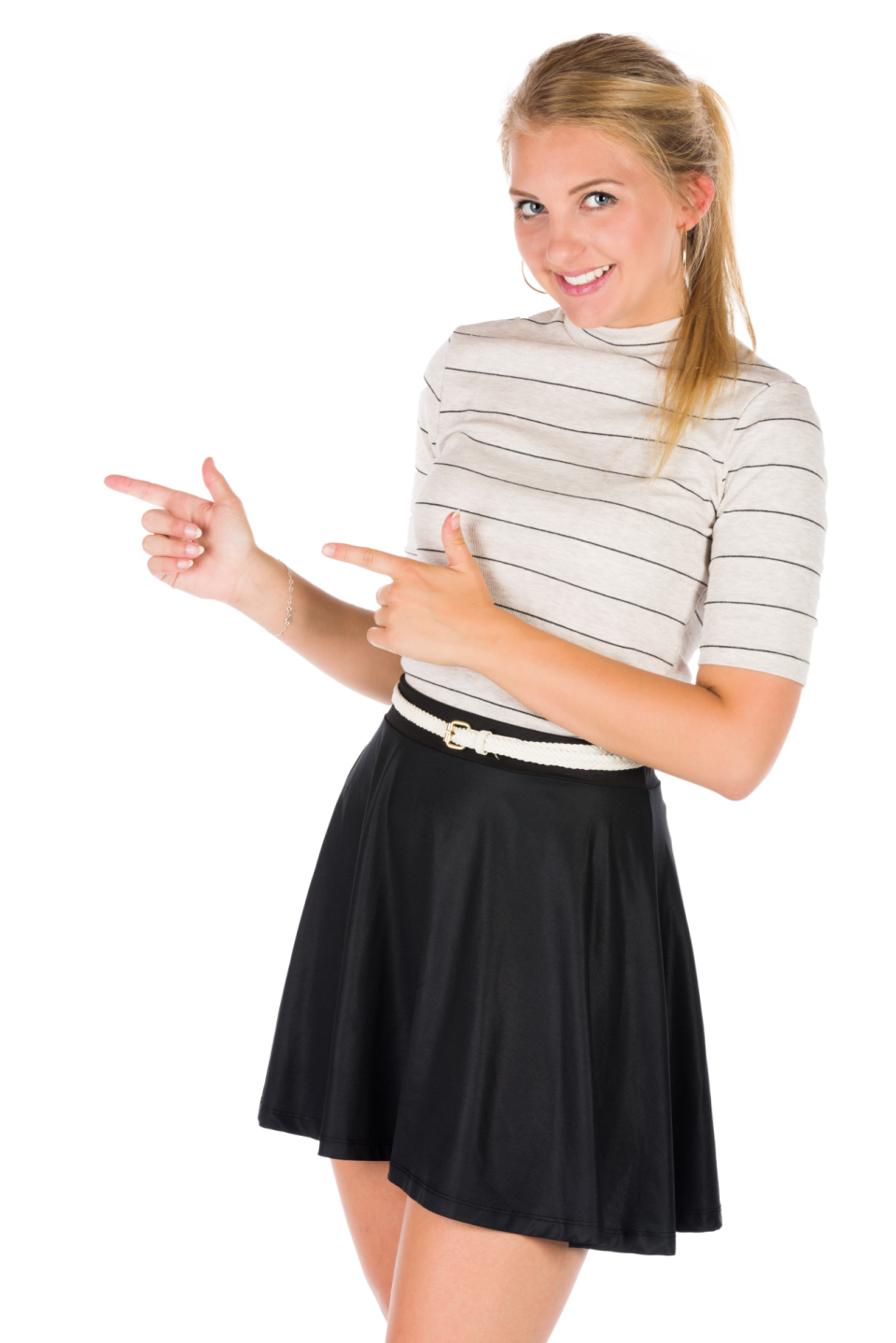a woman in a white shirt and black skirt