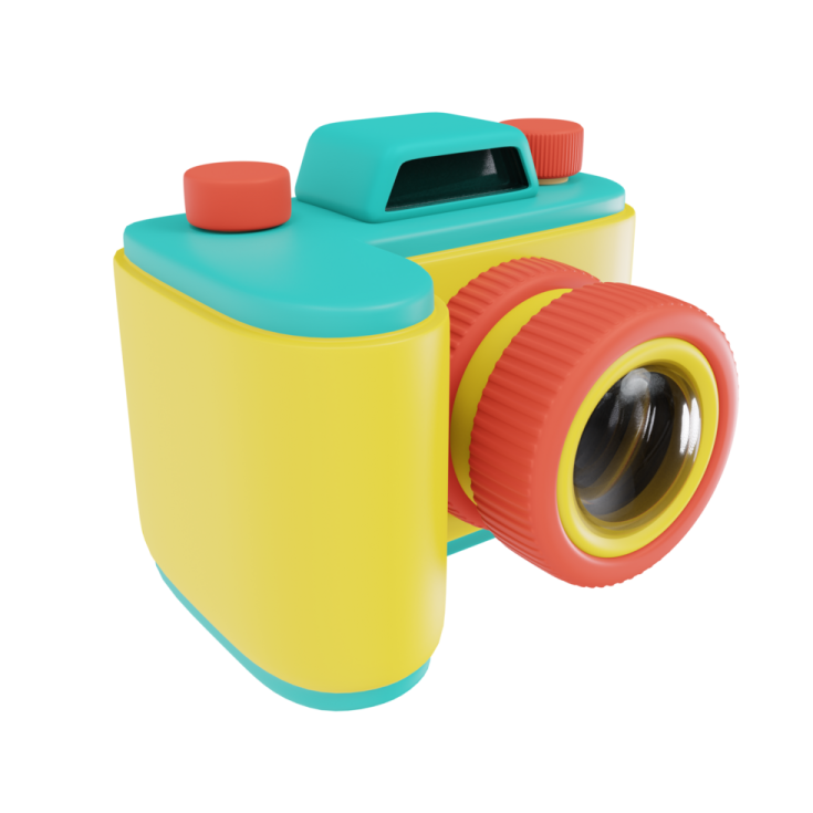 a yellow and blue camera on a white background