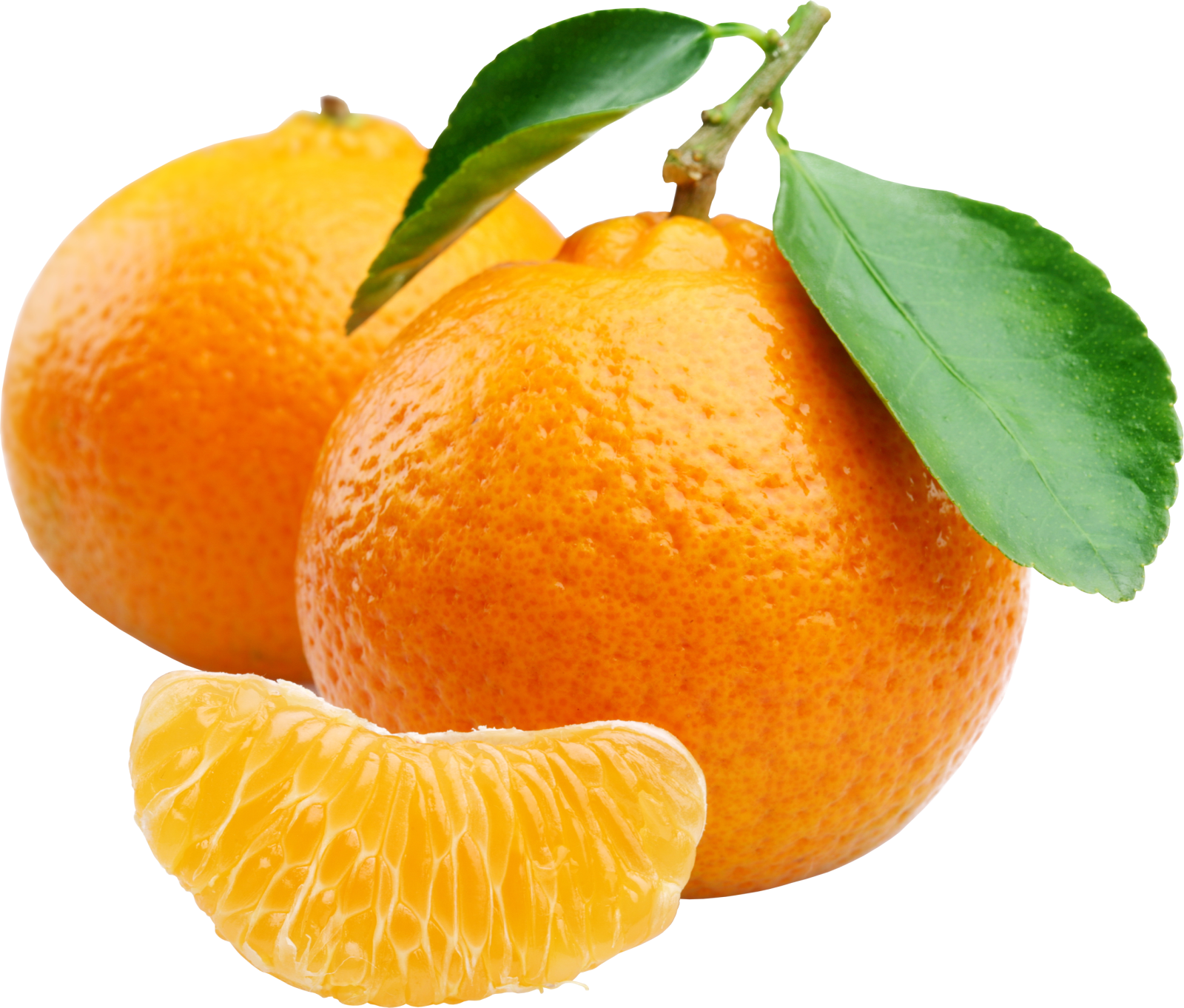 two oranges with leaves on a white background