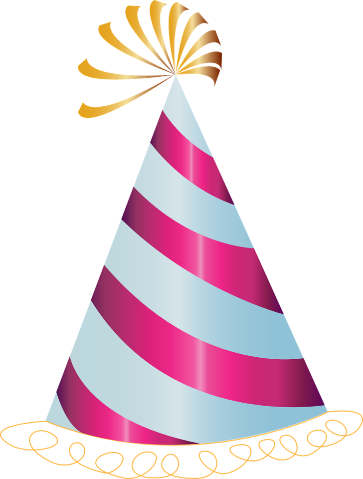 a pink and blue party hat with a gold bow