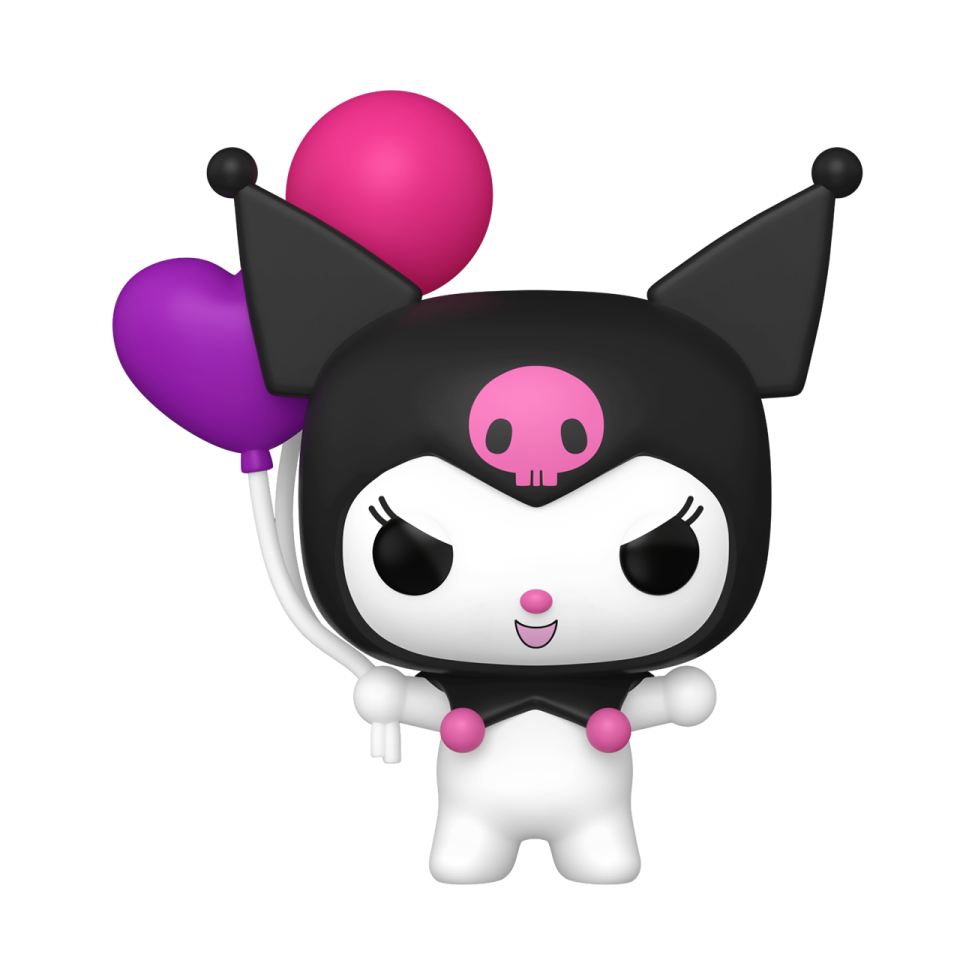 a black and white cat with pink ears holding balloons