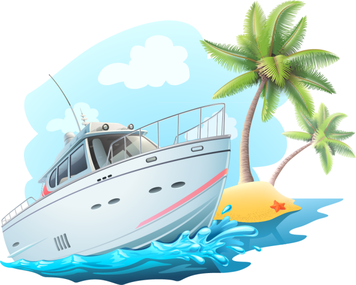 a boat on the beach with palm trees