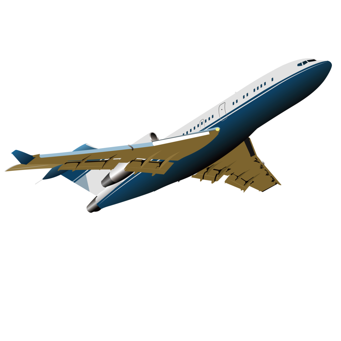 a blue and white airplane flying in the sky