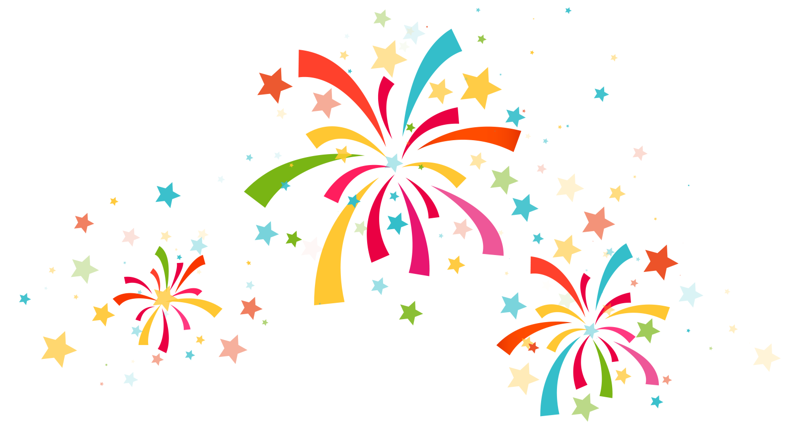 a group of colorful fireworkss with stars