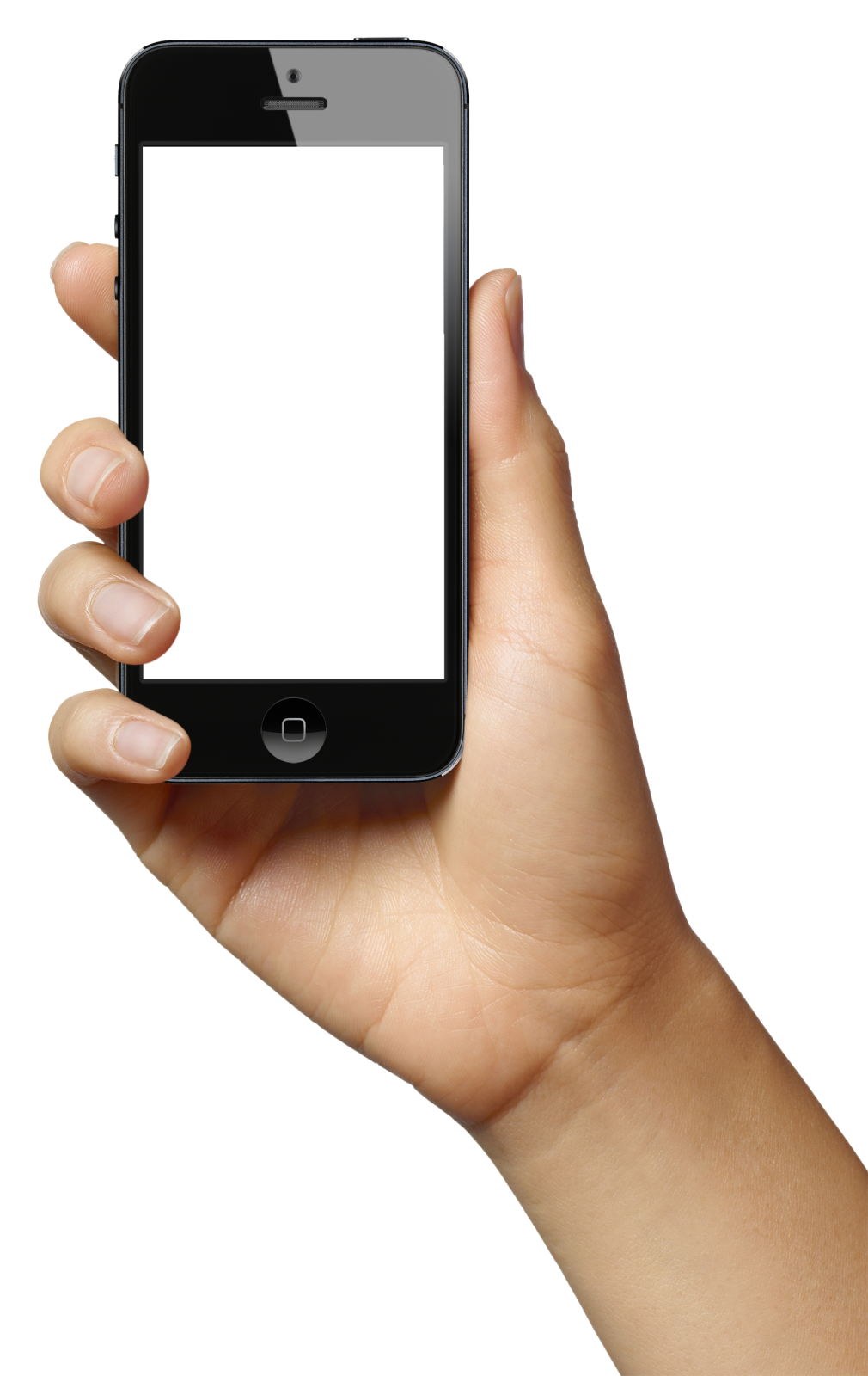 a hand holding an iphone with a blank screen