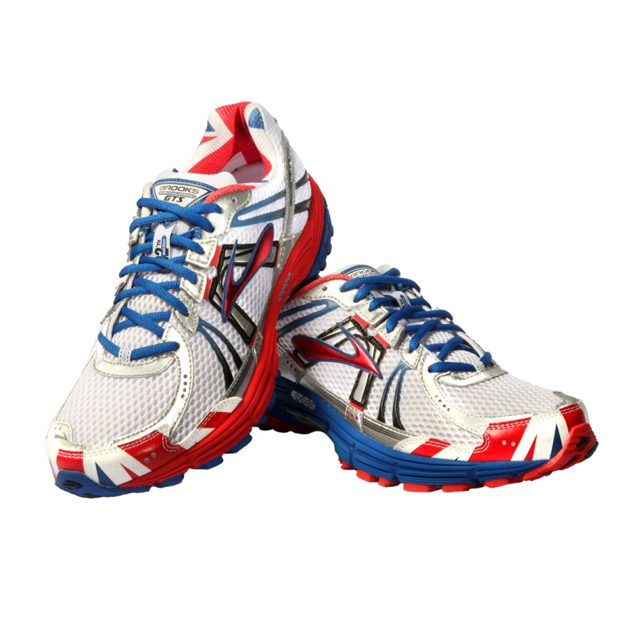 a pair of white and red running shoes