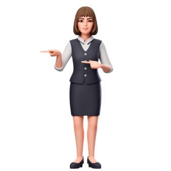 a woman in a business suit pointing at something