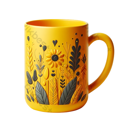 a yellow mug with black and white flowers on it