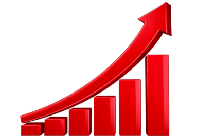 a red bar chart with an arrow pointing upward