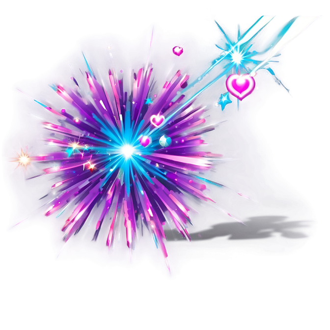 a purple and blue explosion with hearts on it