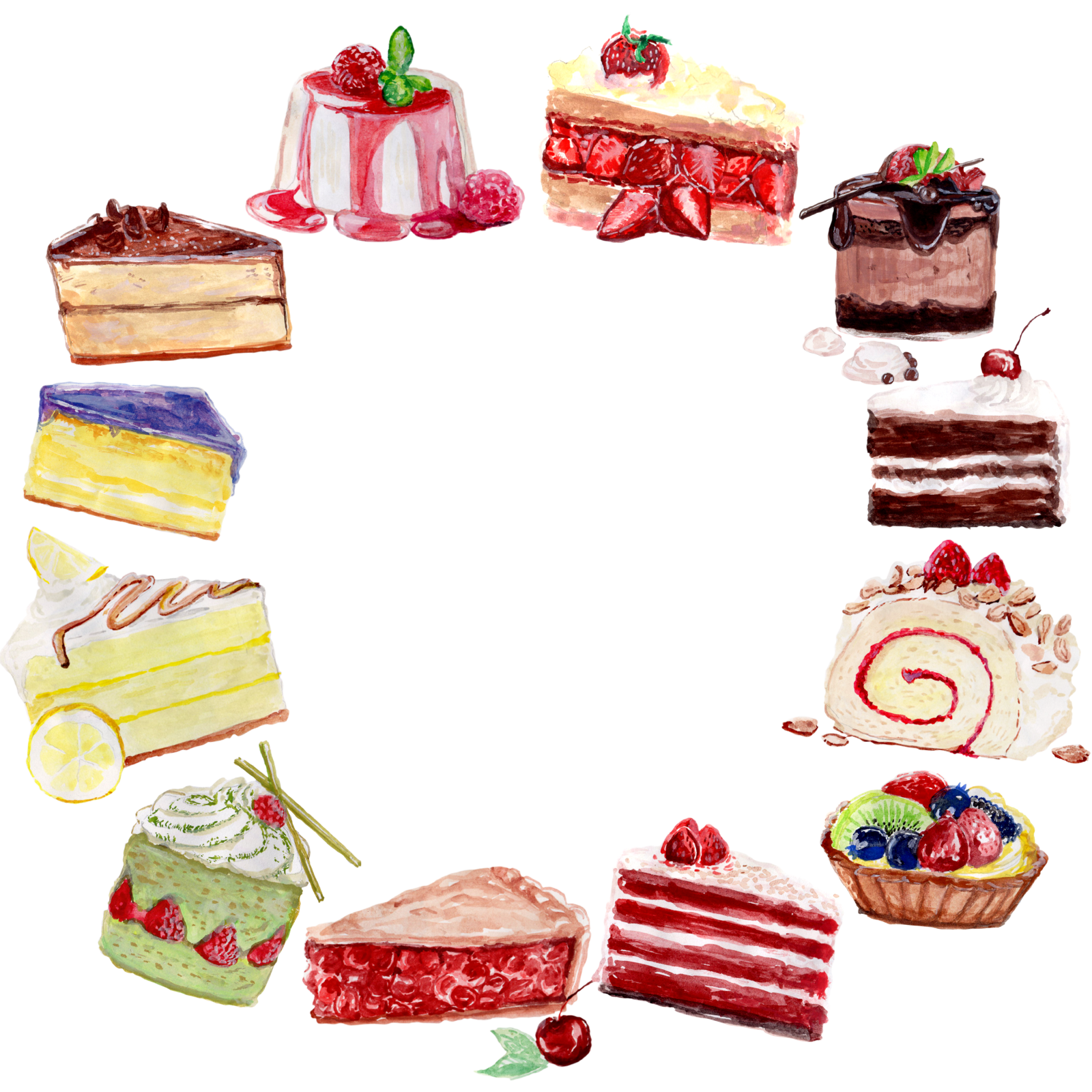 a circle made up of different types of cakes