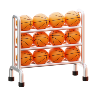 a rack with basketball balls in it