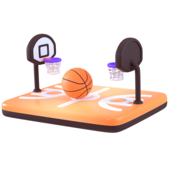 an orange basketball court with a ball and hoop