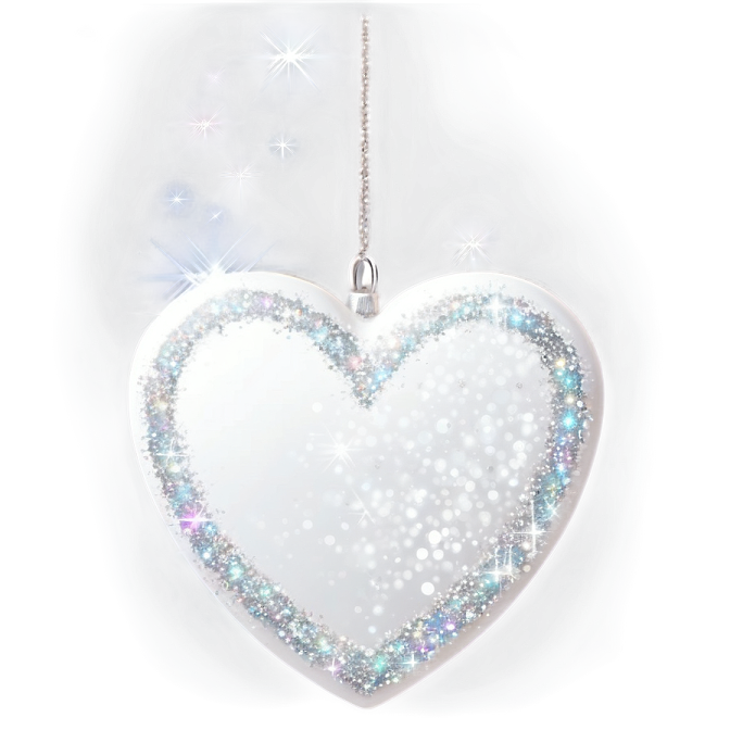 a white heart shaped orname hanging on a chain