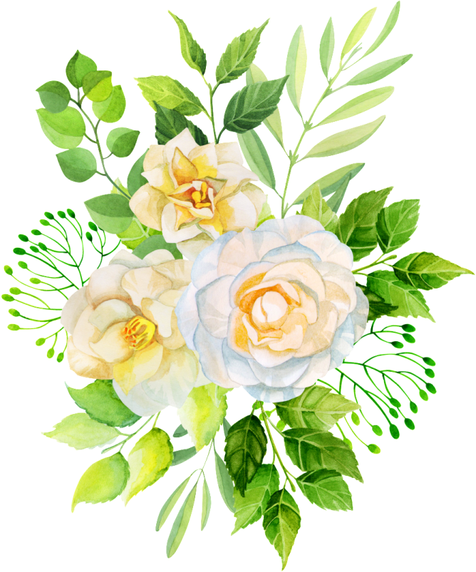 a bouquet of white roses and green leaves