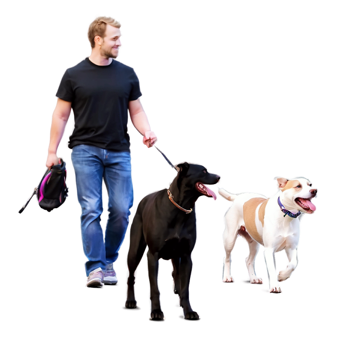 a man walking two dogs on a leash