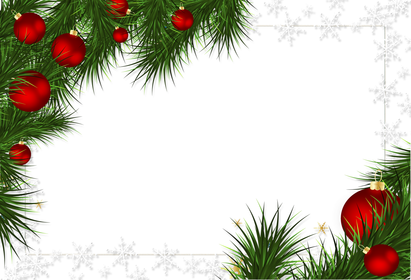 a christmas tree branch with red ornaments and snowfls