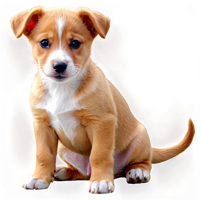 a small brown and white dog sitting on a white surface