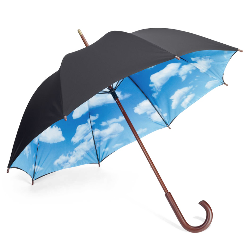 a black and blue umbrella with clouds on it