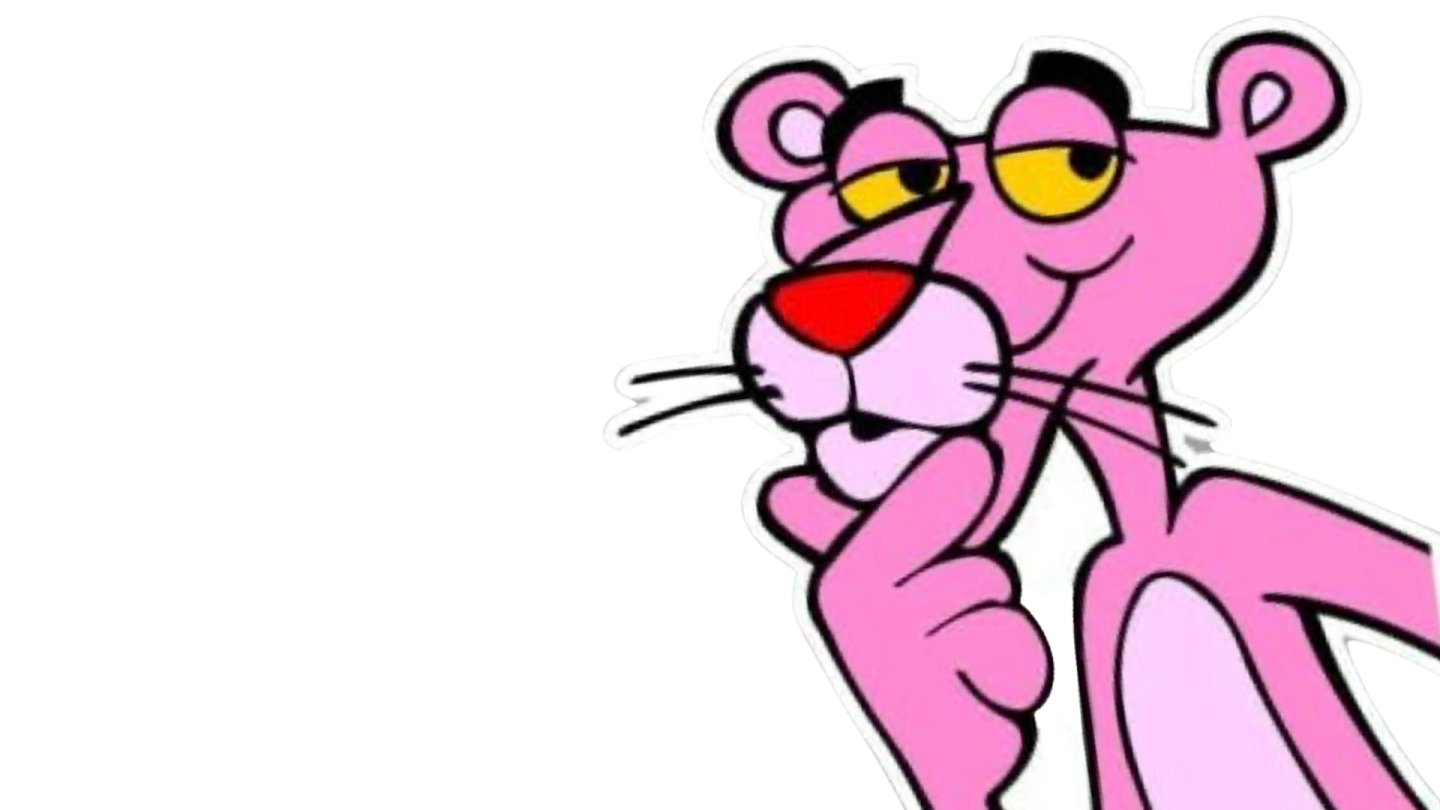 a cartoon pink panther with yellow eyes