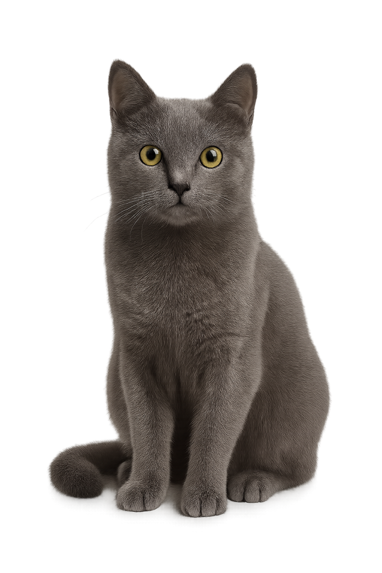 a gray cat with yellow eyes sitting down