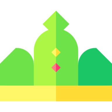 a green building with a red triangle in the middle