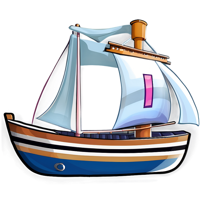 a blue and white boat with pink sails