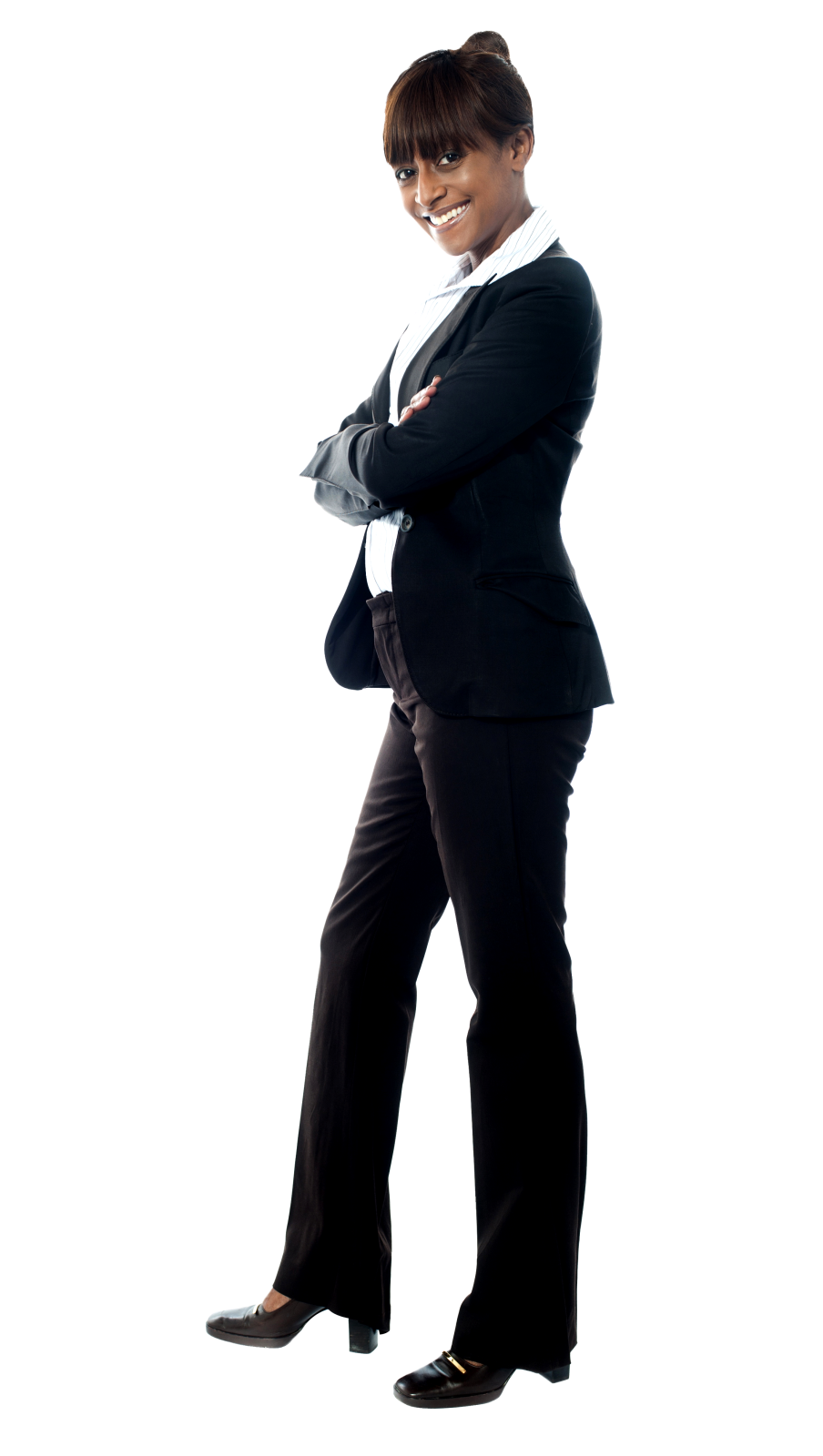 a woman in a business suit standing with her arms crossed