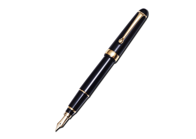 a black and gold fountain pen on a white background